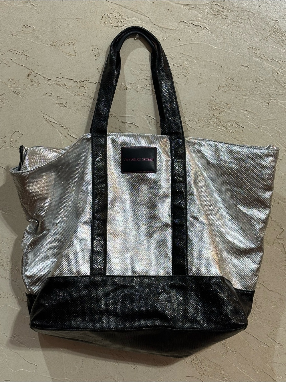Victoria's Secret Metallic Silver with Black Straps Large Tote